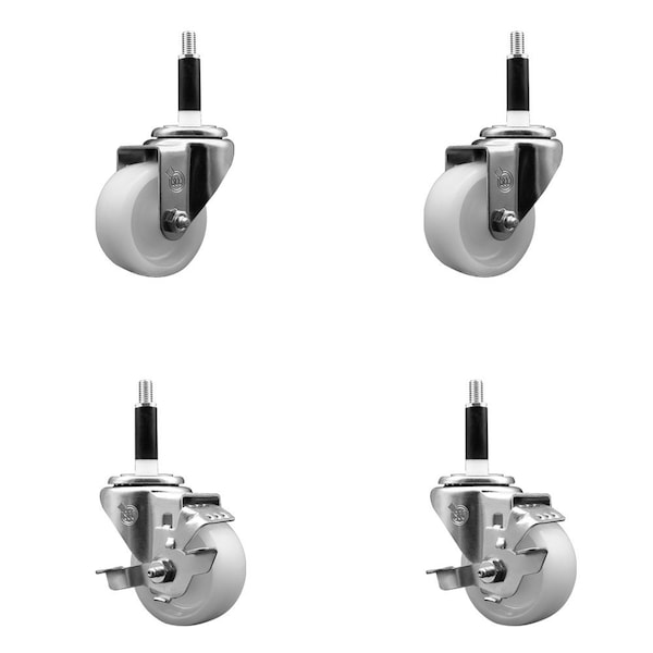 3'' Nylon Wheel Swivel 7/8'' Expanding Stem Caster Set 2 Brakes, 4PK
